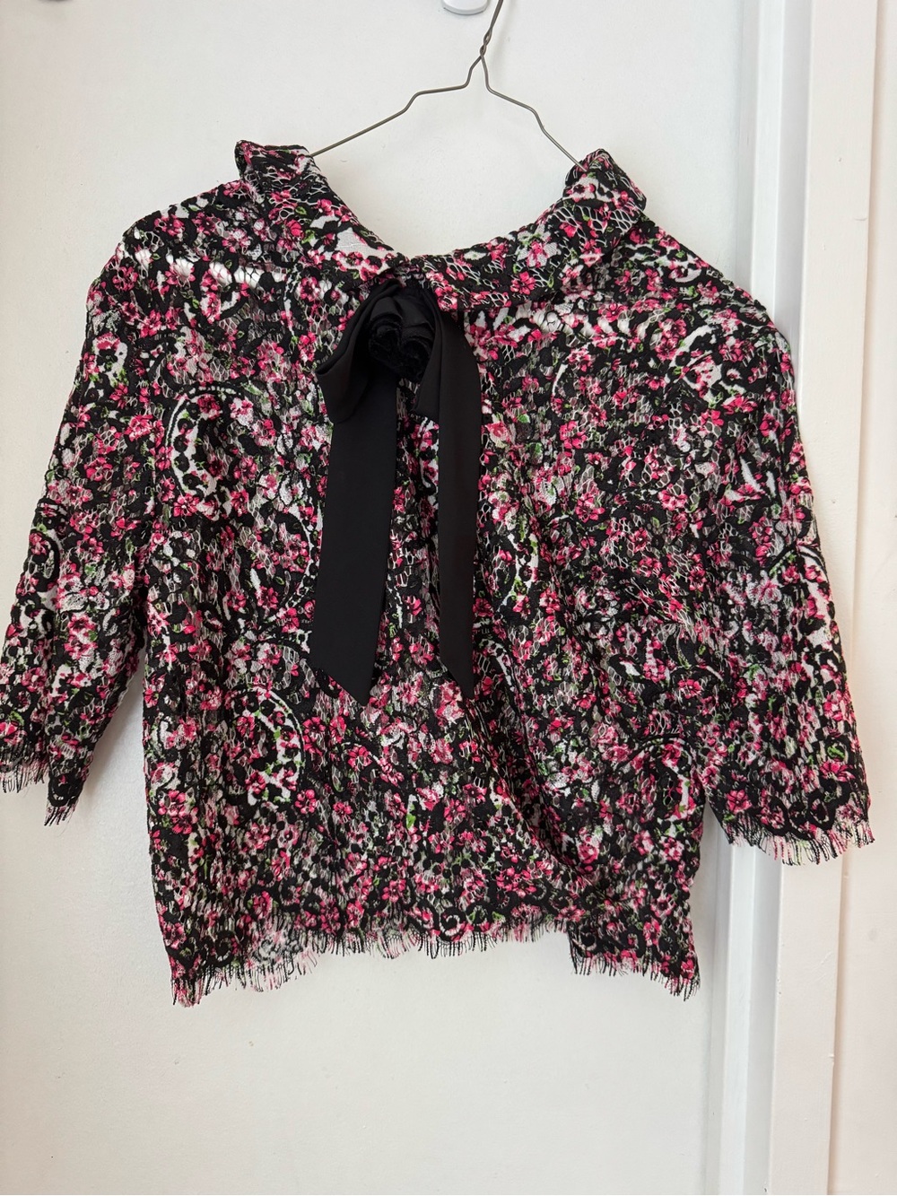 The Kooples Black Lace Floral Overlay Top with Pink Accents